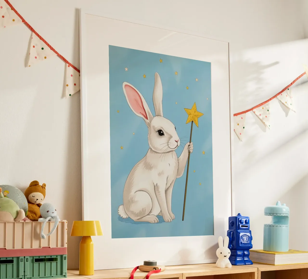 Coniglio bianco con in mano una bacchetta a stella poster da DesignDoodle