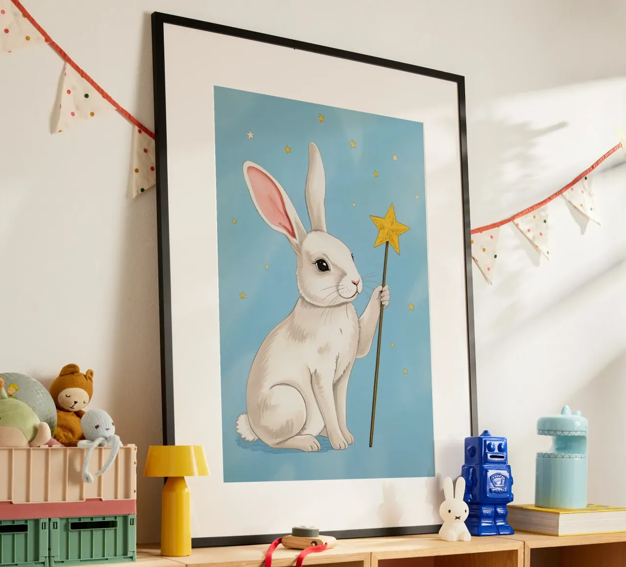 Coniglio bianco con in mano una bacchetta a stella poster da DesignDoodle