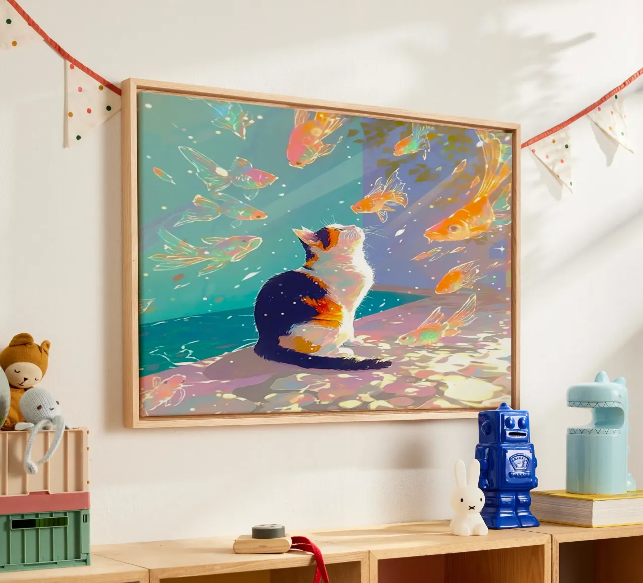 cat with fish tela con Cornice a cassetta da firmana