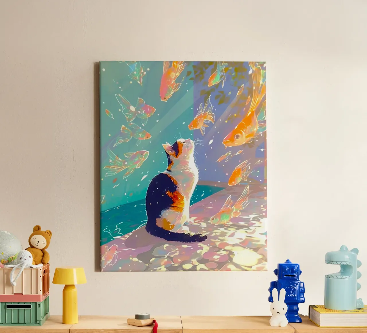 cat with fish tela con Cornice a cassetta da firmana