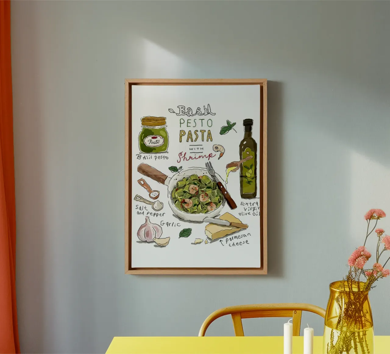 Basil Pesto Pasta with Shrimp tela con Cornice a cassetta da Type & Tape