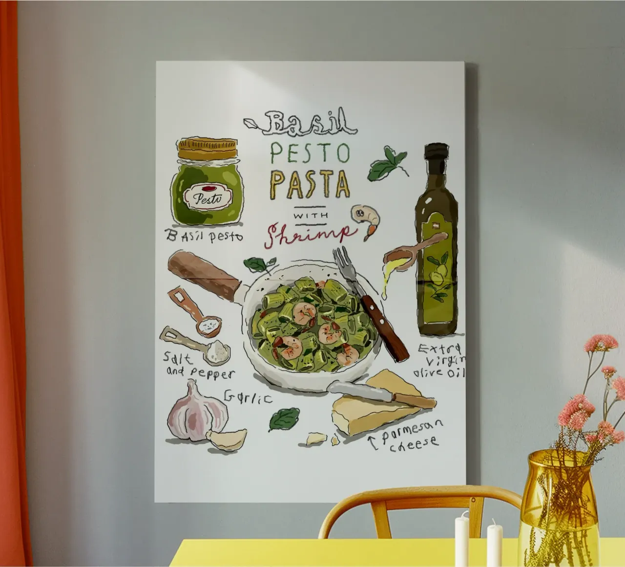 Basil Pesto Pasta with Shrimp tela con Cornice a cassetta da Type & Tape