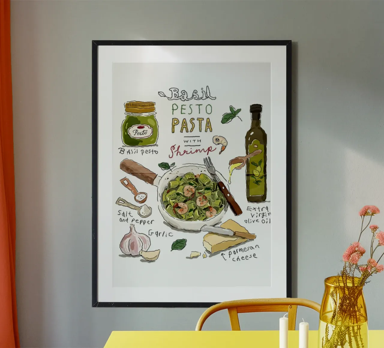 Basil Pesto Pasta with Shrimp poster con telaio in legno da Type & Tape
