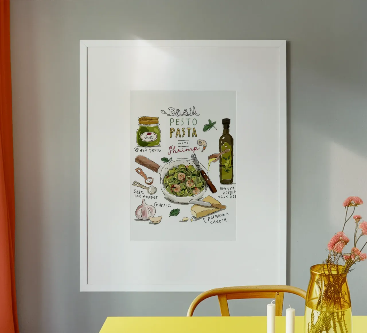 Basil Pesto Pasta with Shrimp poster con telaio in legno da Type & Tape