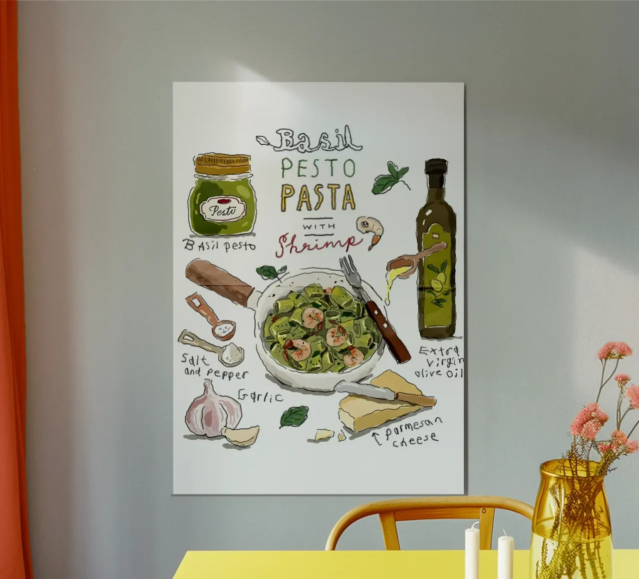 Basil Pesto Pasta with Shrimp poster con telaio in legno da Type & Tape