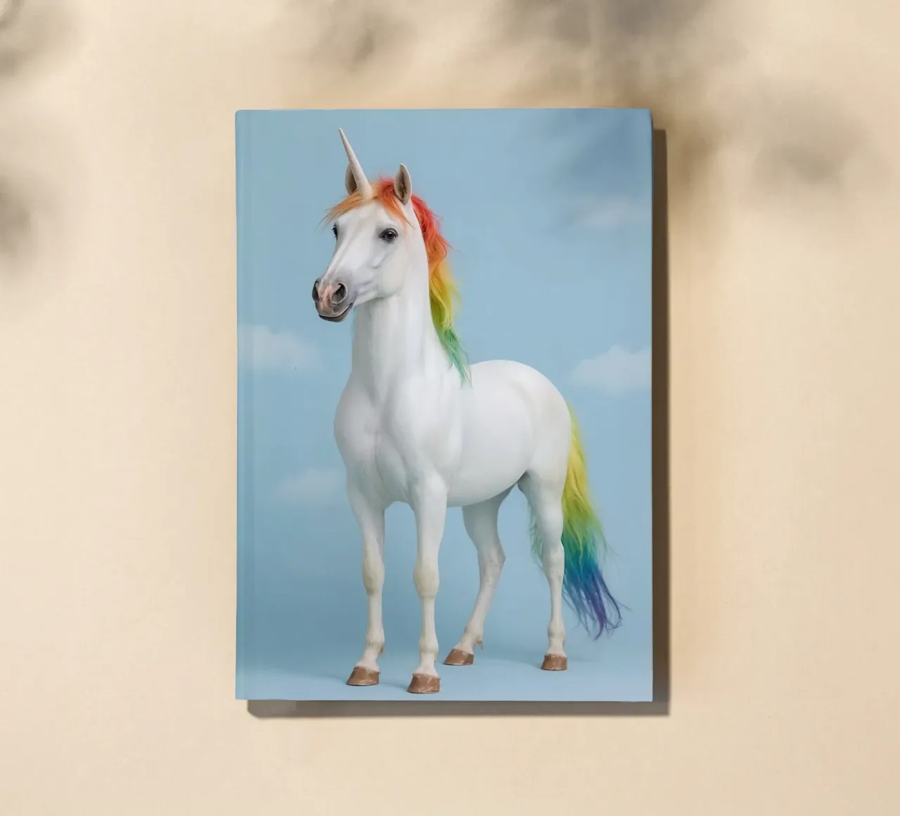 White Unicorn with Rainbow Mane and Tail on Blue Background notebook by DesignDoodle