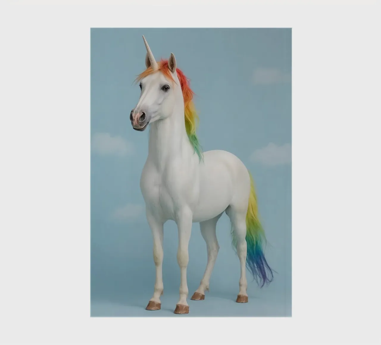 White Unicorn with Rainbow Mane and Tail on Blue Background notebook by DesignDoodle