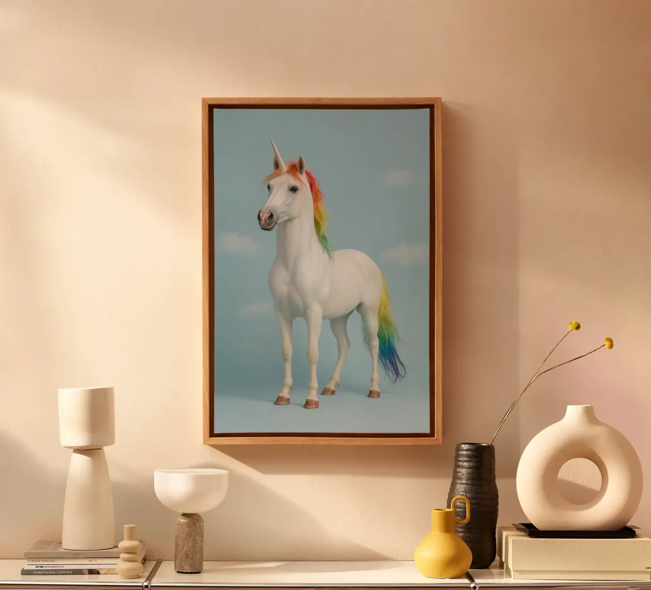 White Unicorn with Rainbow Mane and Tail on Blue Background canvas with Floater frame by DesignDoodle