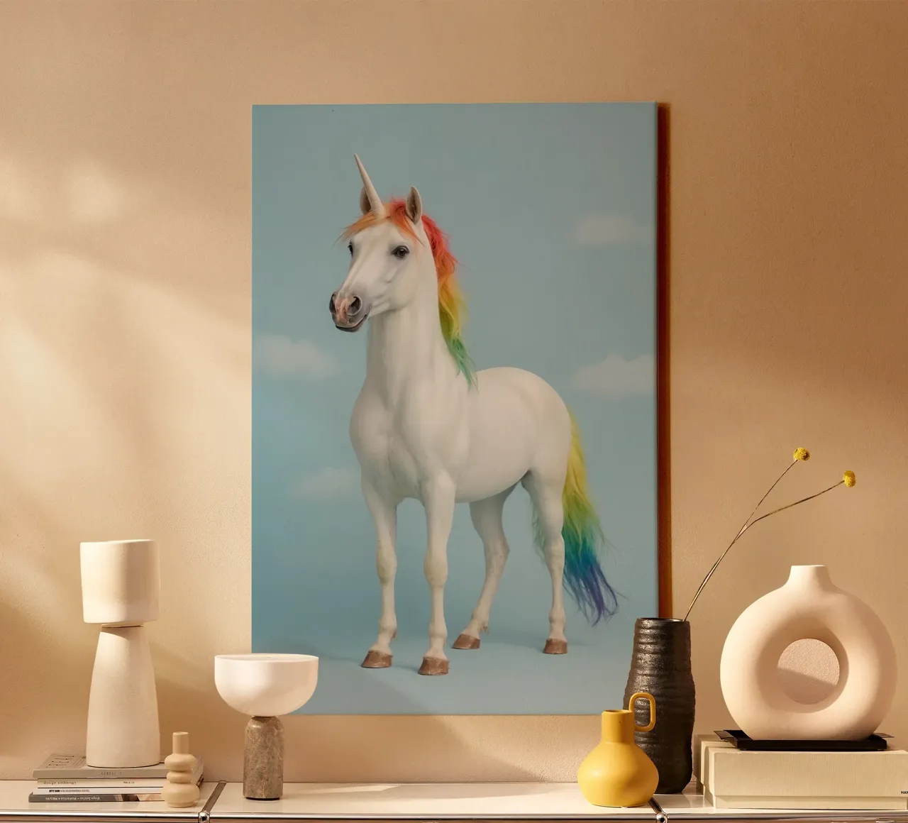 White Unicorn with Rainbow Mane and Tail on Blue Background canvas with Floater frame by DesignDoodle