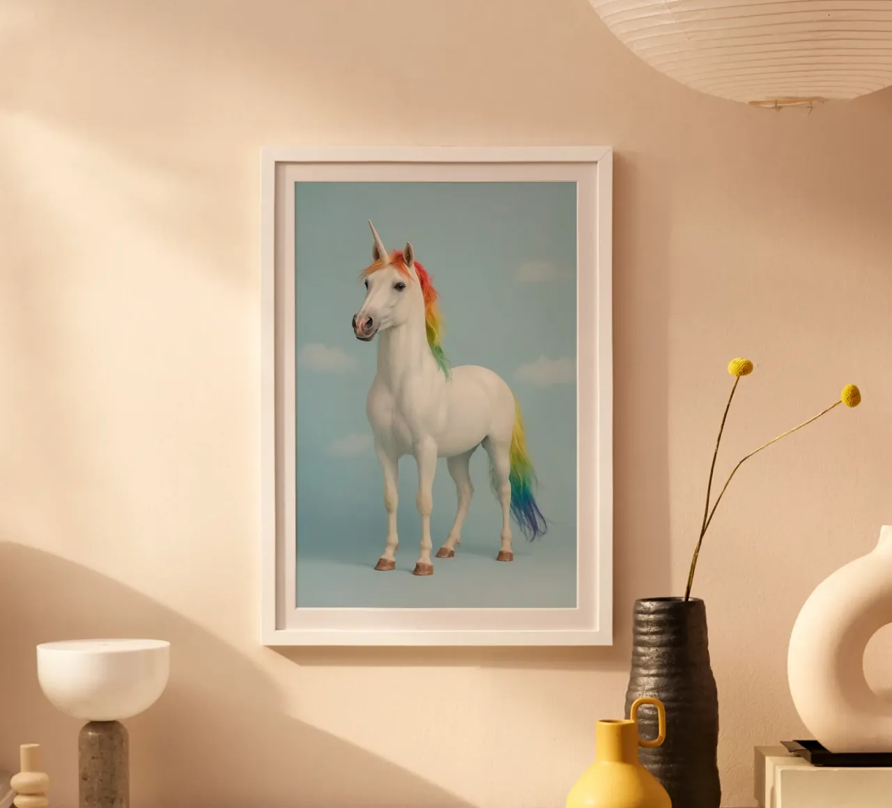 Unicornio blanco con crin y cola de arco iris sobre fondo azul poster de DesignDoodle
