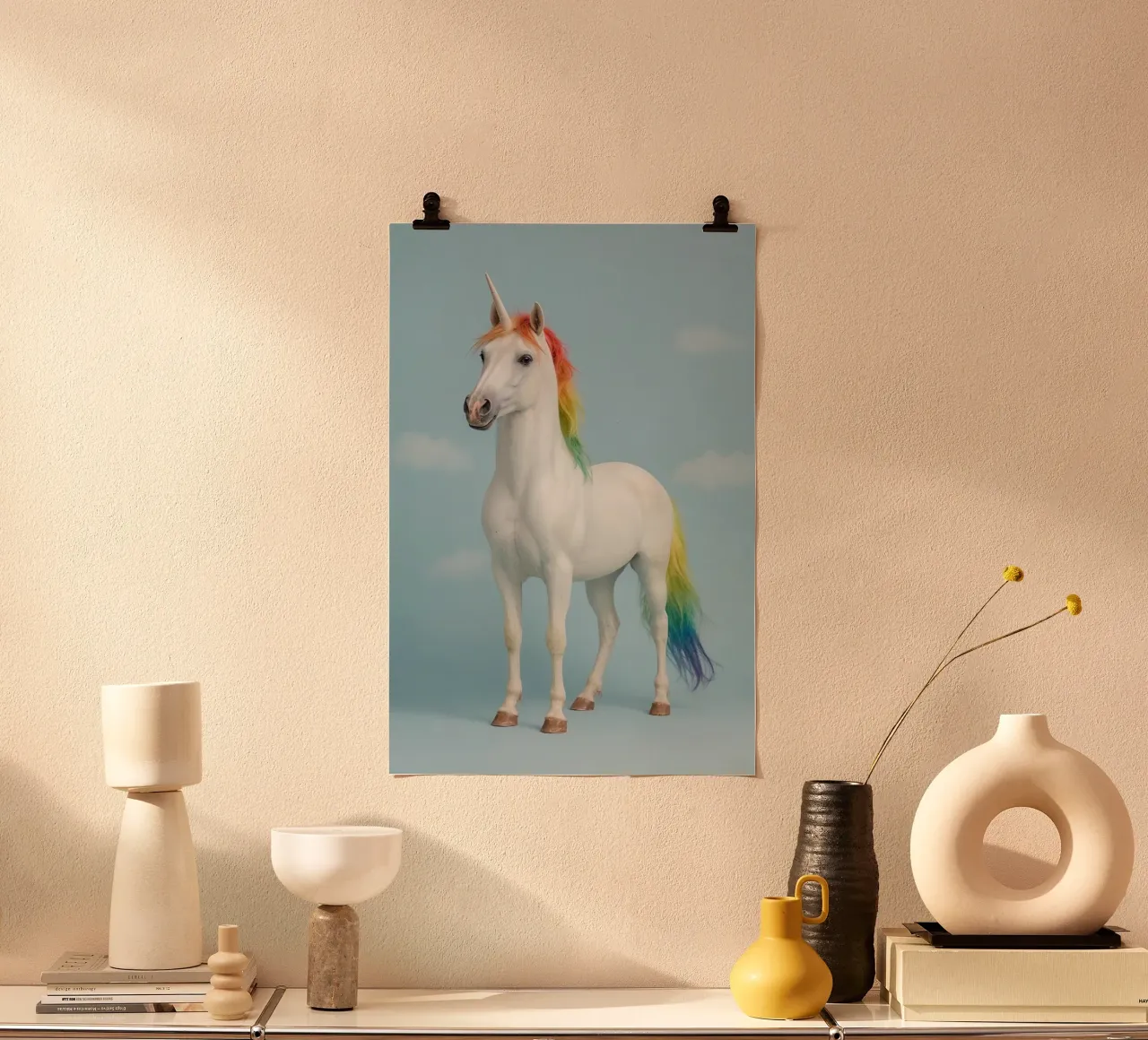 Unicornio blanco con crin y cola de arco iris sobre fondo azul poster de DesignDoodle