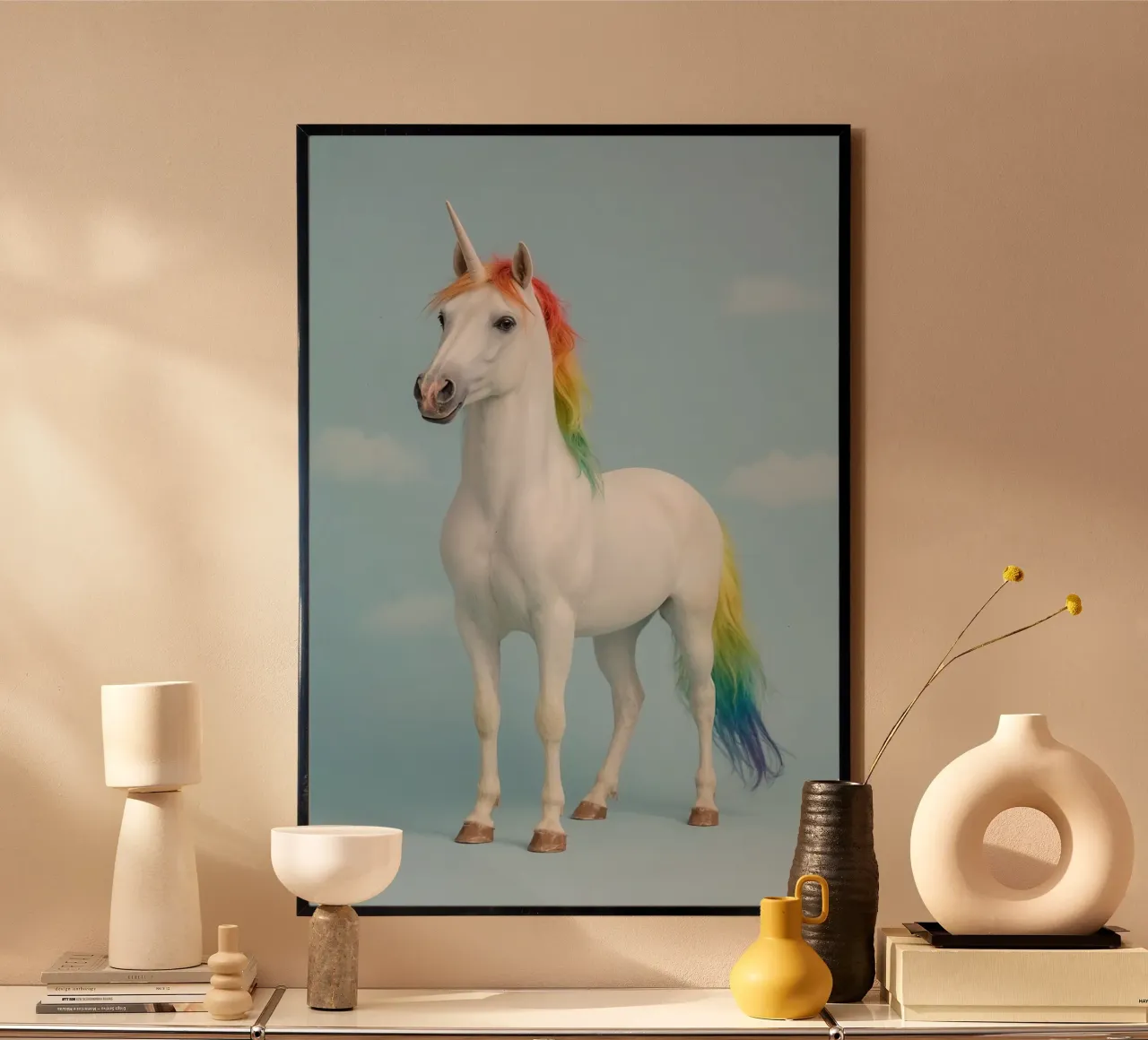 Unicornio blanco con crin y cola de arco iris sobre fondo azul poster de DesignDoodle