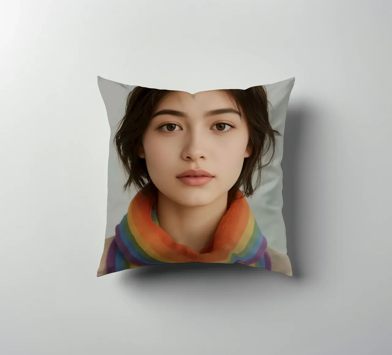 Ritratto di donna con sciarpa arcobaleno cuscino da DesignDoodle