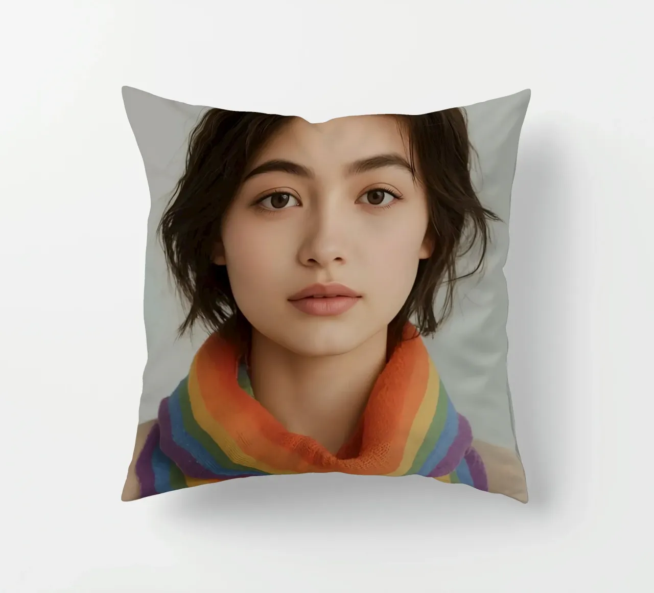 Ritratto di donna con sciarpa arcobaleno cuscino da DesignDoodle