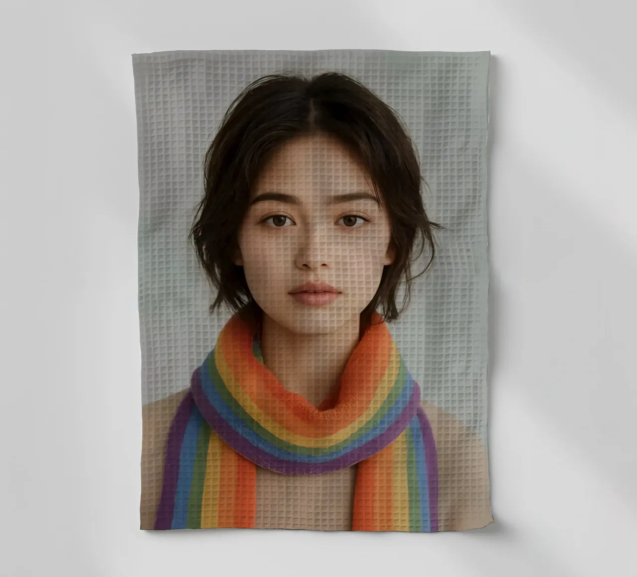 Portrait de femme avec une écharpe arc-en-ciel torchon de DesignDoodle