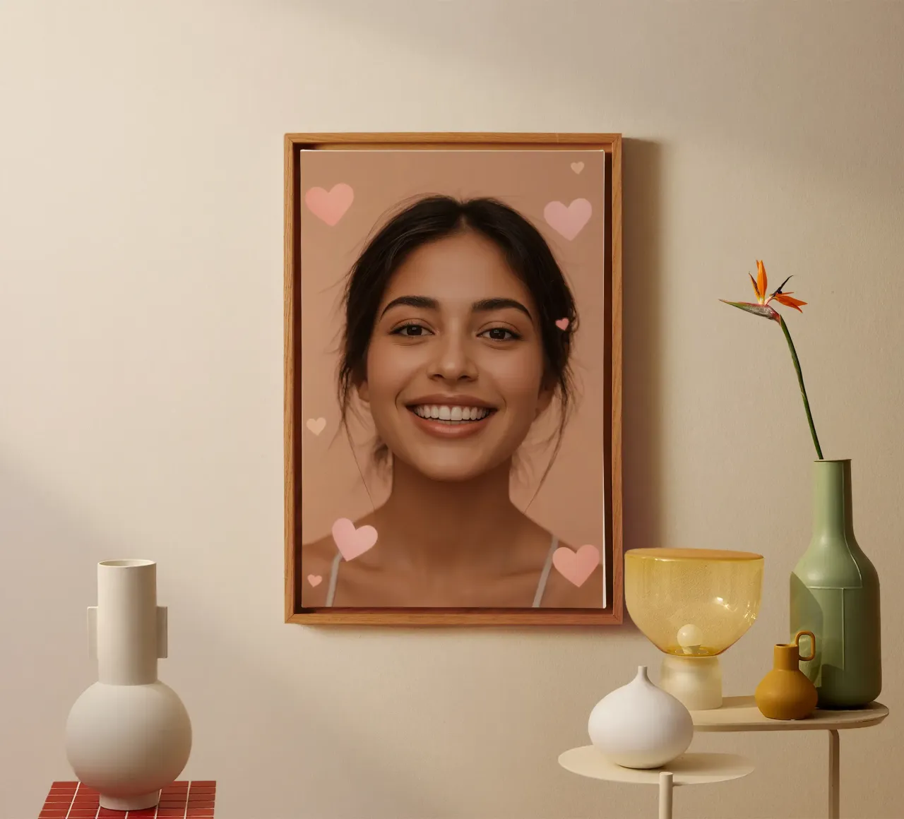 Donna sorridente ritratto con forme di cuore tela con Cornice a cassetta da DesignDoodle
