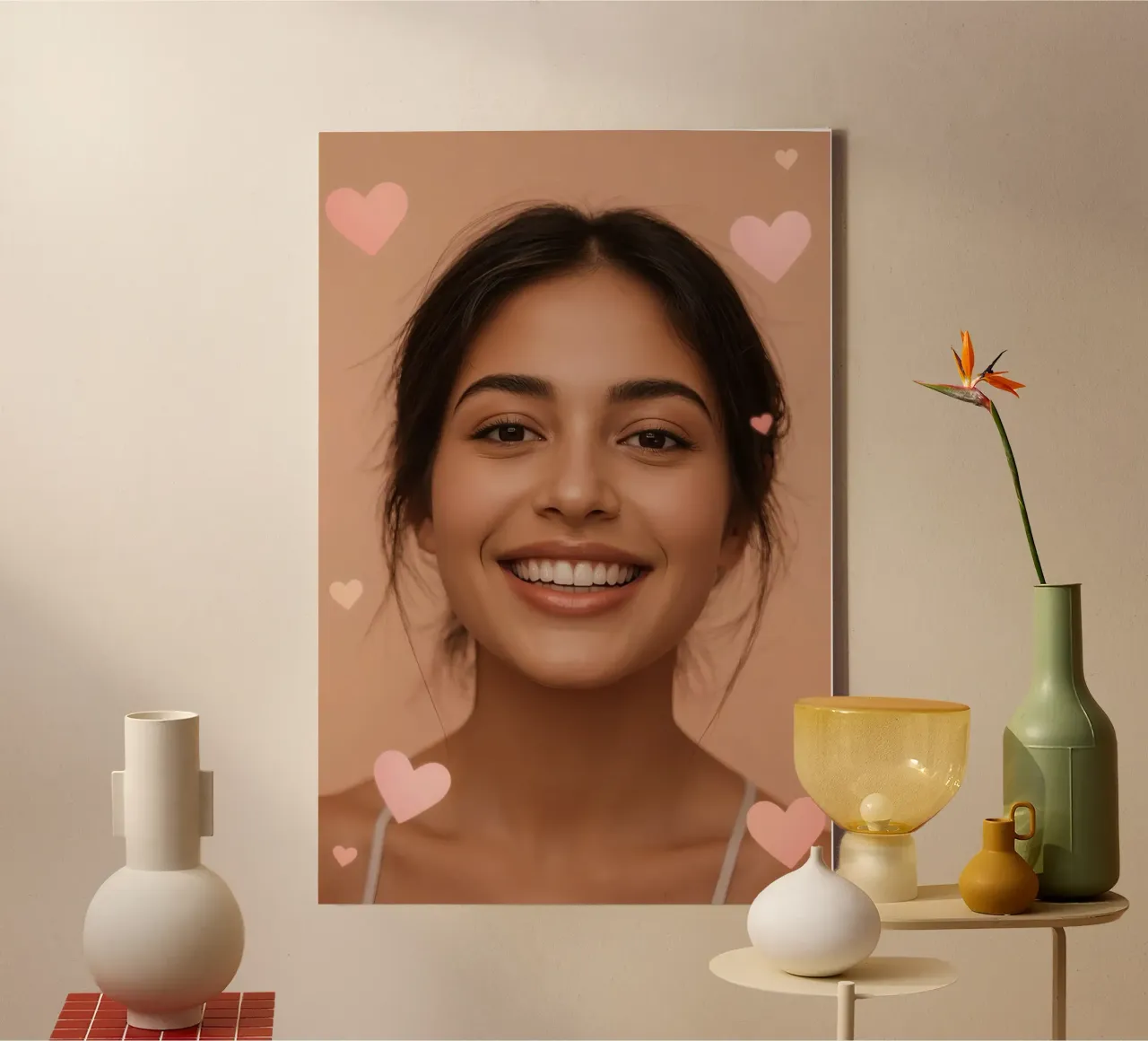 Donna sorridente ritratto con forme di cuore tela con Cornice a cassetta da DesignDoodle