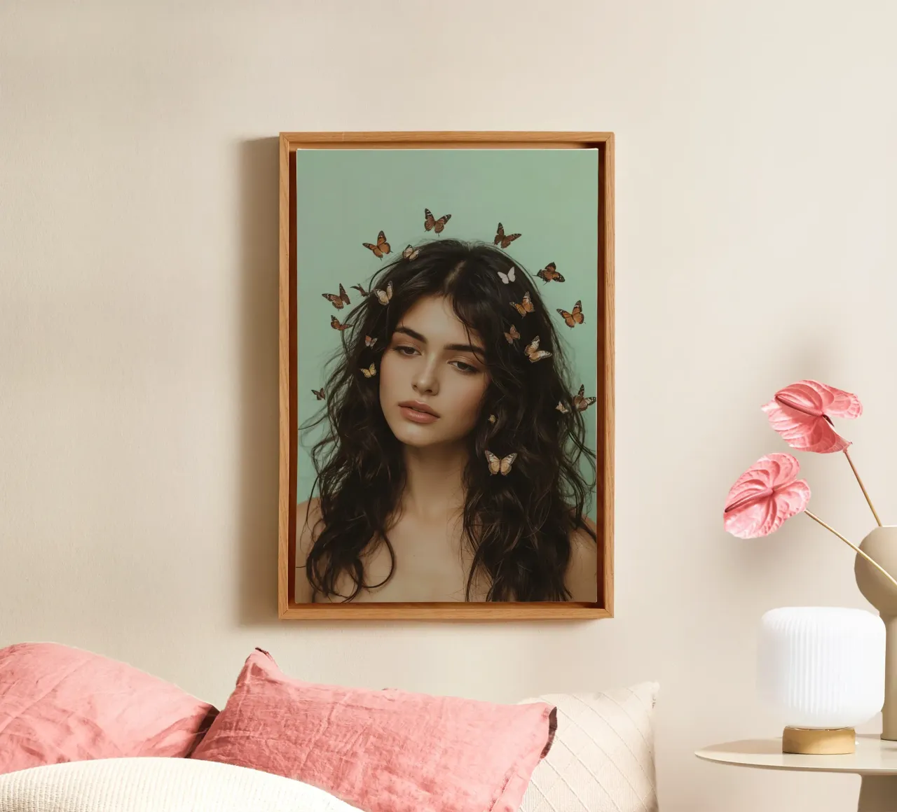Vrouw met bruin krullend haar en vlinders canvas met Baklijst van DesignDoodle