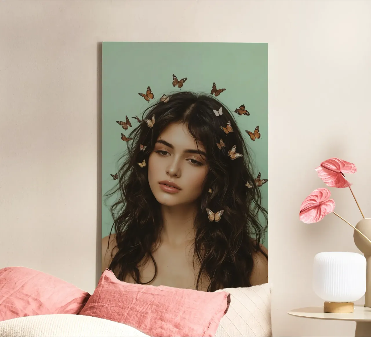 Vrouw met bruin krullend haar en vlinders canvas met Baklijst van DesignDoodle