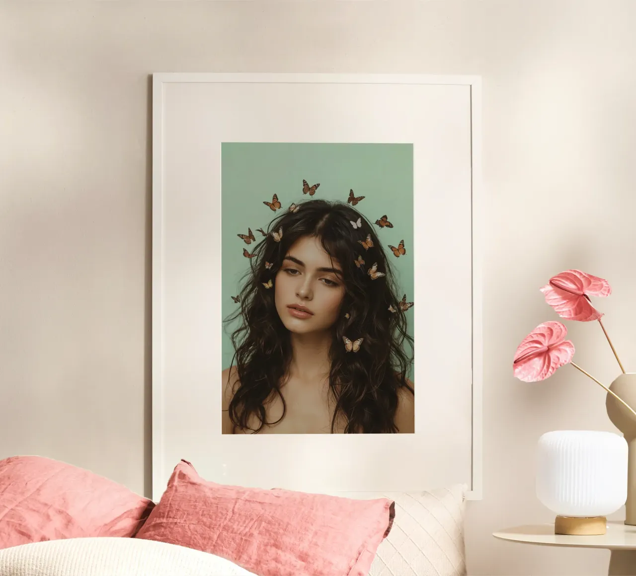 Donna con capelli ricci castani e farfalle poster con telaio in legno da DesignDoodle