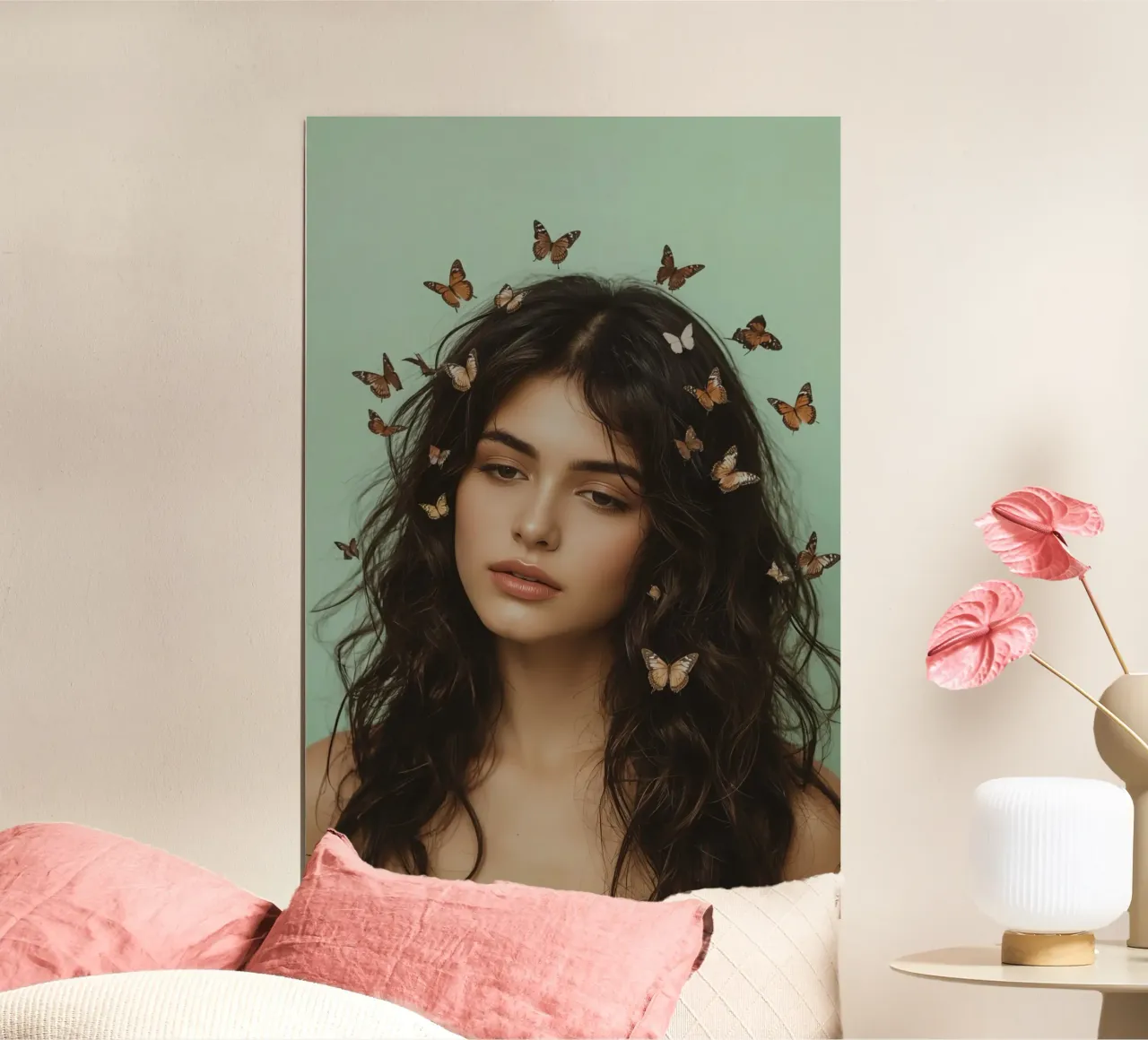 Donna con capelli ricci castani e farfalle poster con telaio in legno da DesignDoodle
