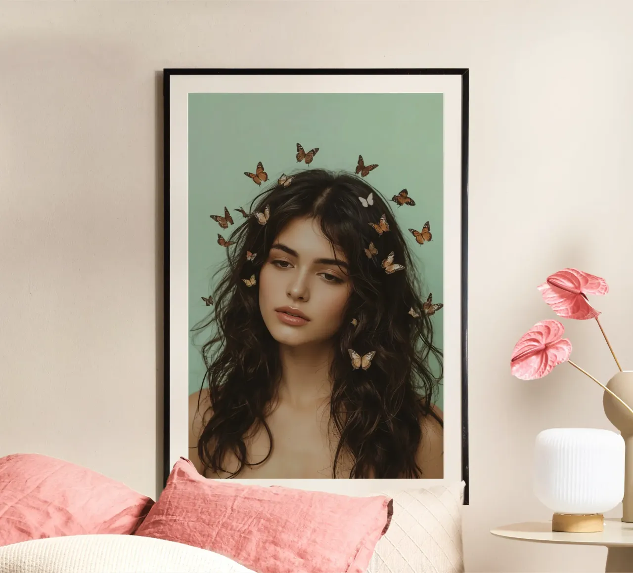 Donna con capelli ricci castani e farfalle poster con telaio in legno da DesignDoodle