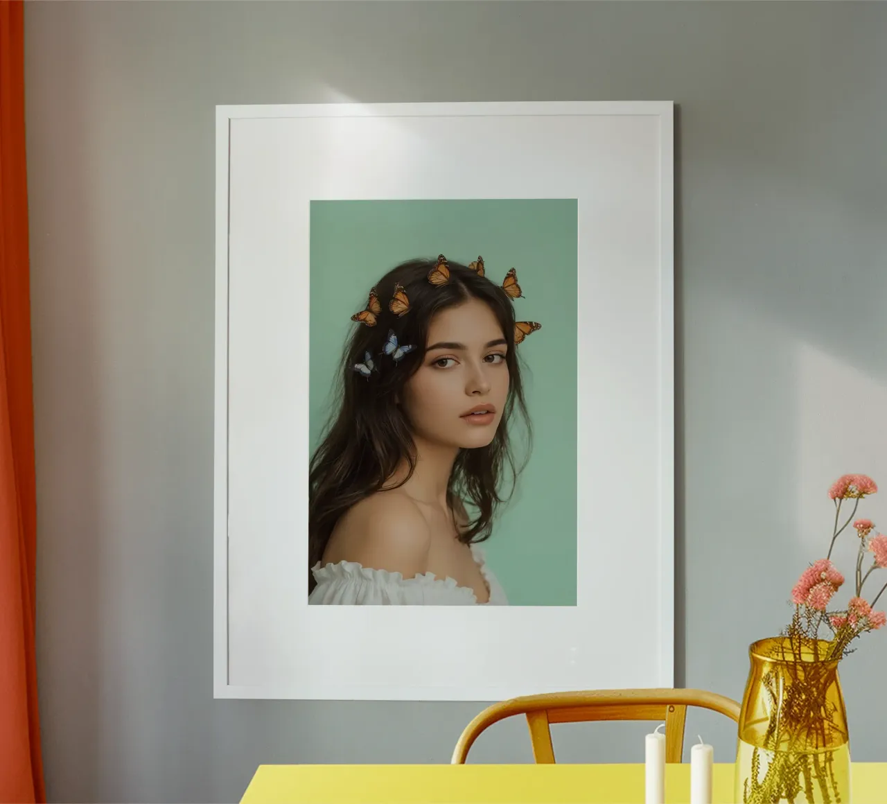 Donna con farfalle nei capelli Ritratto poster con telaio in legno da DesignDoodle