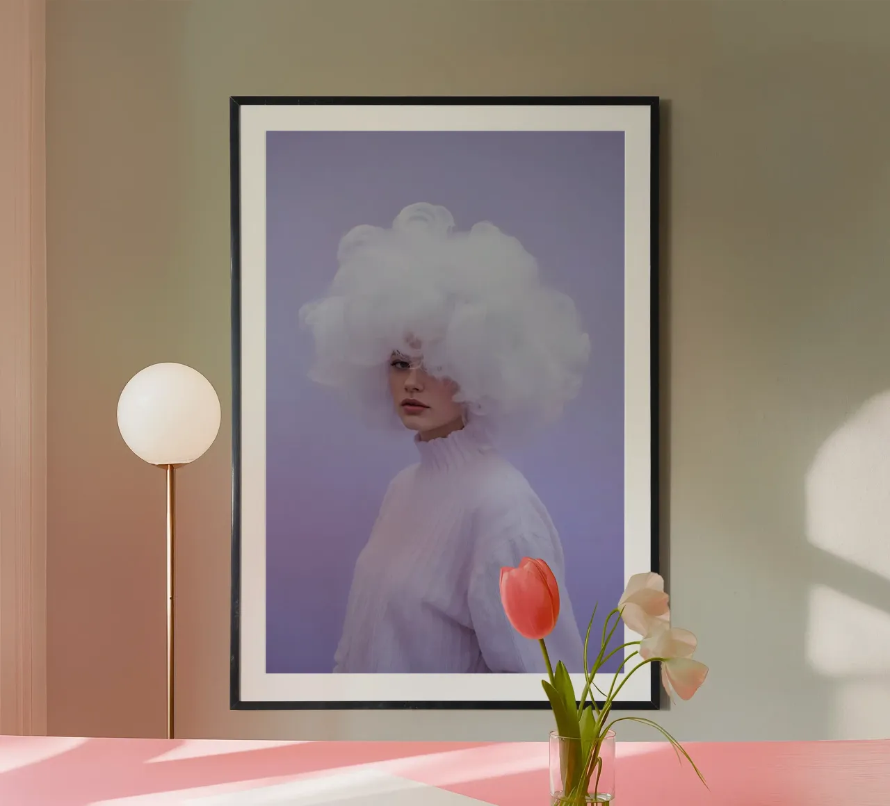 Frau mit weißer Wolke auf lila Hintergrund Poster von DesignDoodle