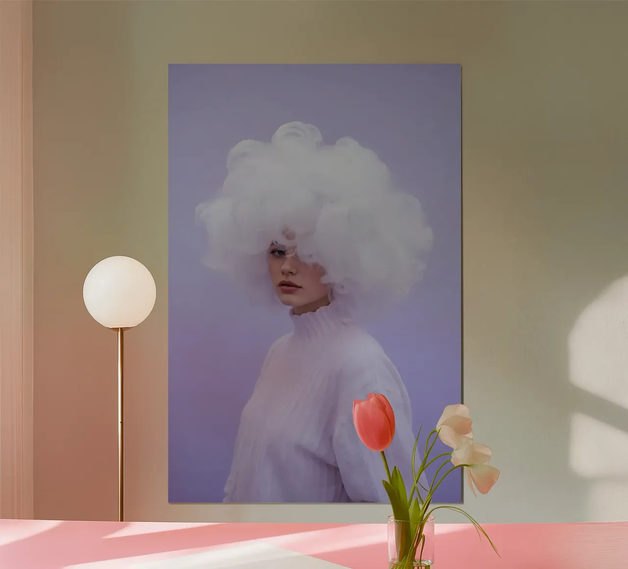 Frau mit weißer Wolke auf lila Hintergrund Poster von DesignDoodle