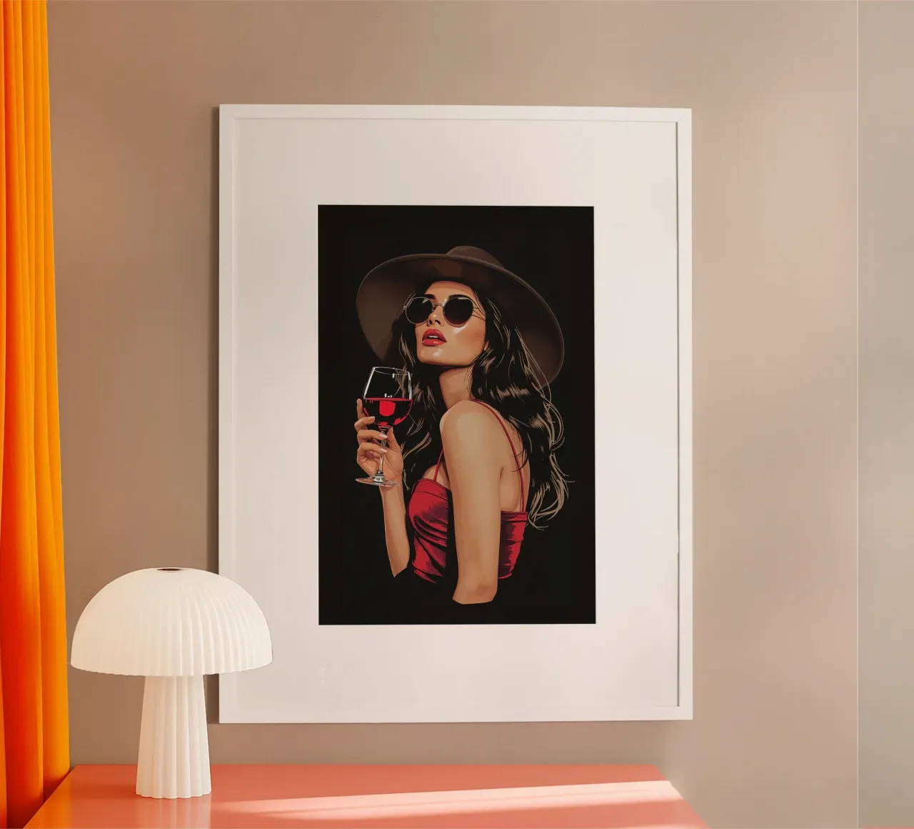 Donna con occhiali da sole e cappello poster con telaio in plastica da DesignDoodle