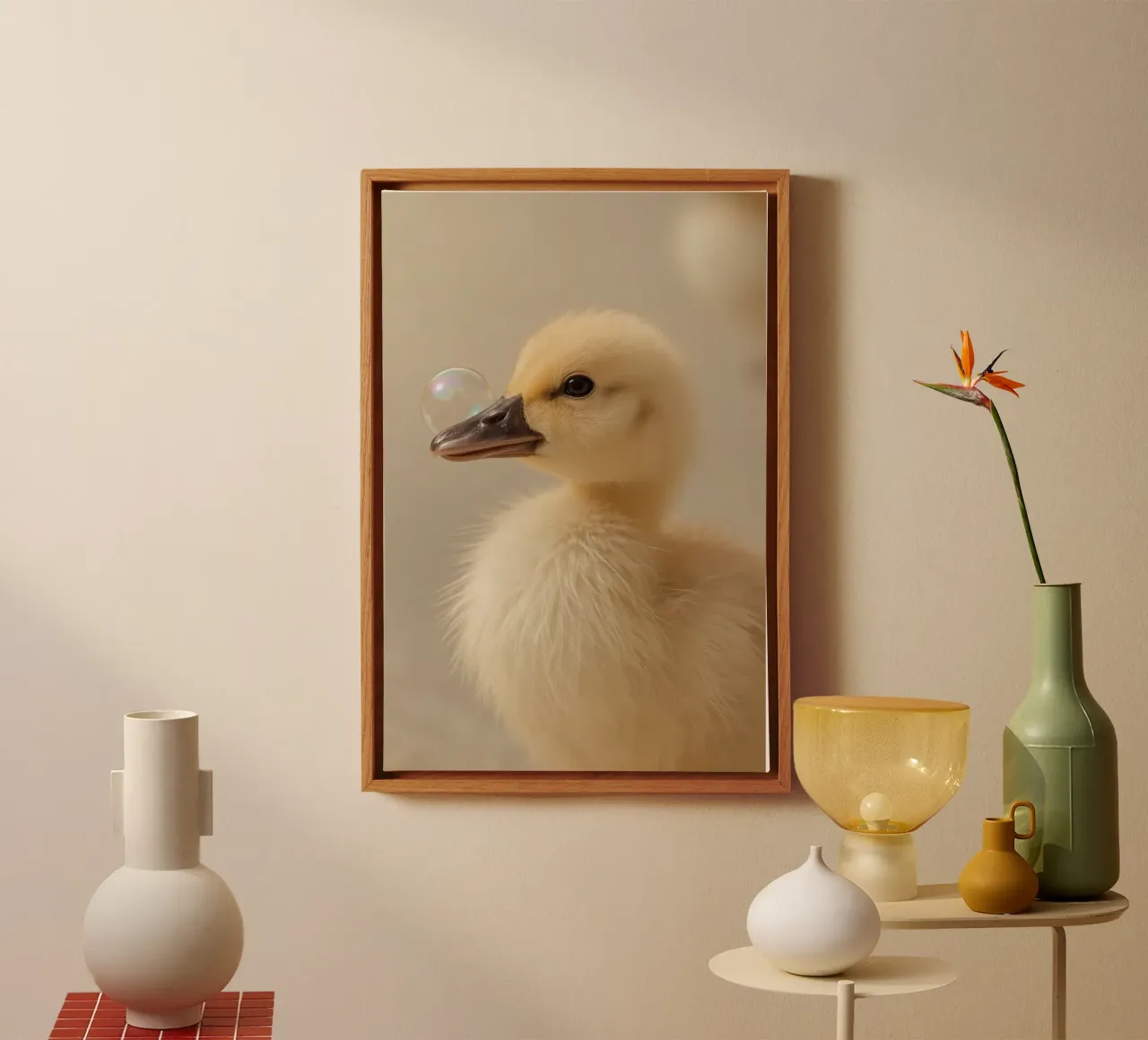 Yellow Duckling with Bubble on Beak canvas with Floater frame by DesignDoodle