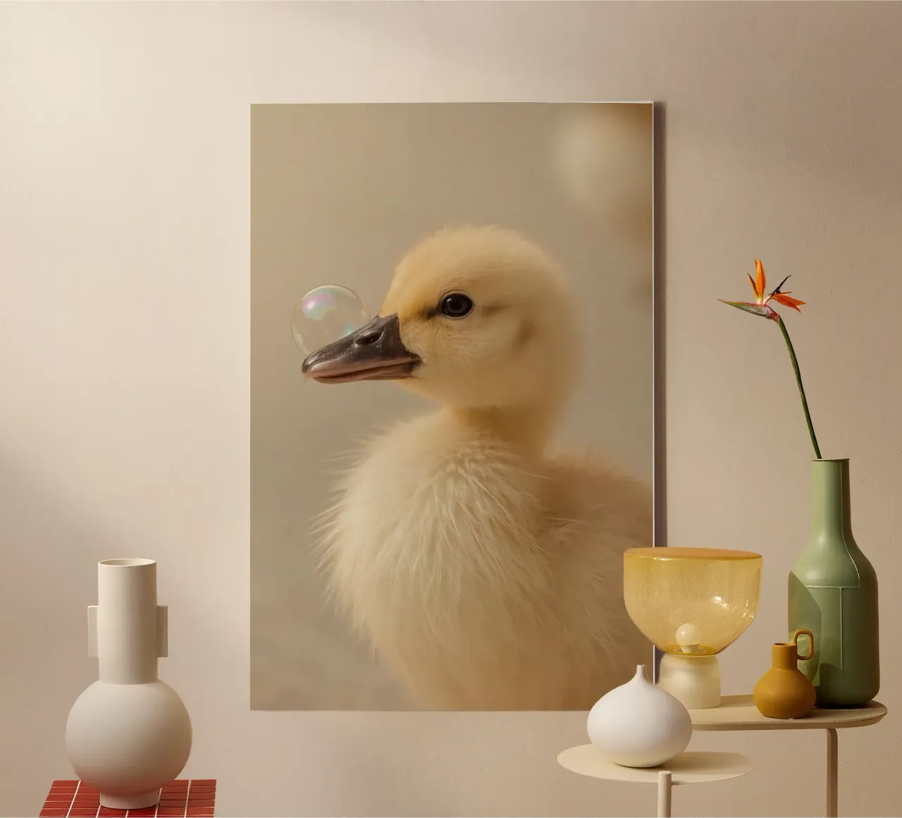 Yellow Duckling with Bubble on Beak canvas with Floater frame by DesignDoodle