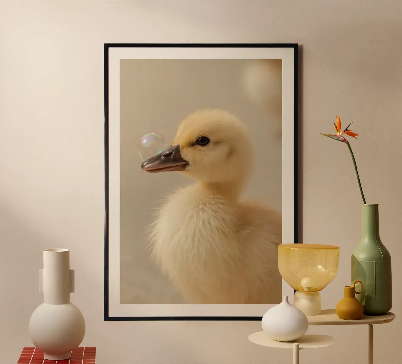 Yellow Duckling with Bubble on Beak poster with aluminum frame by DesignDoodle