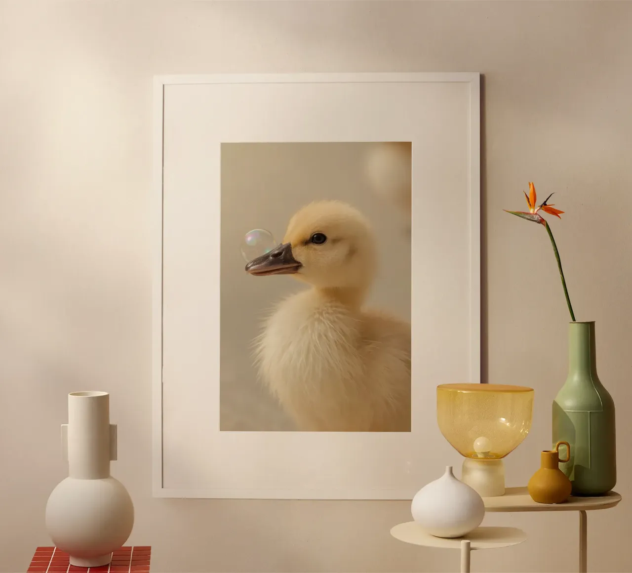 Yellow Duckling with Bubble on Beak poster with aluminum frame by DesignDoodle