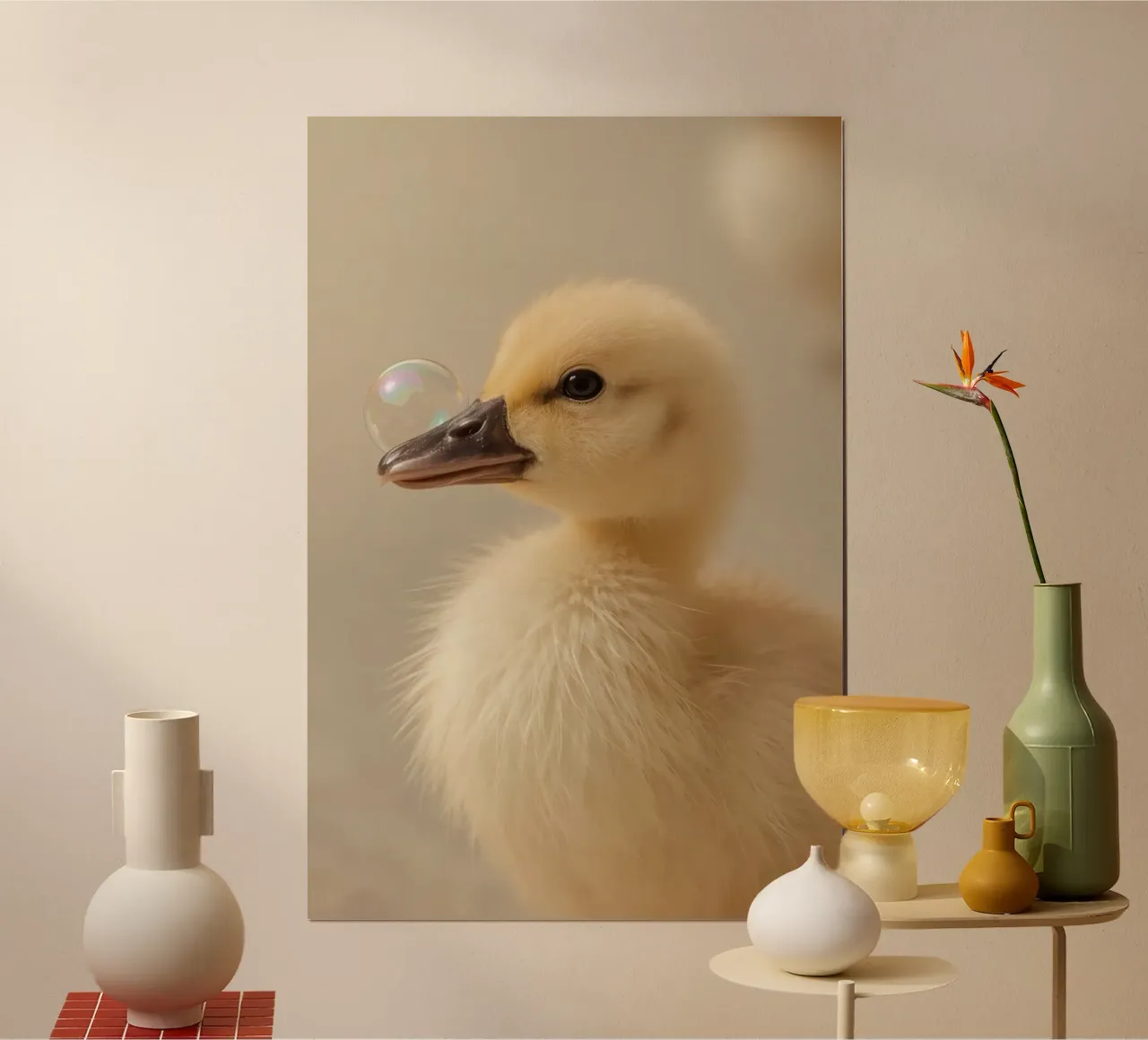 Yellow Duckling with Bubble on Beak poster with aluminum frame by DesignDoodle