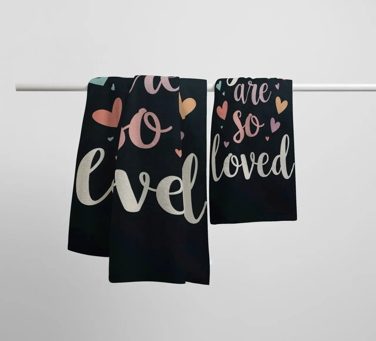 You Are So Loved Text with Hearts on Dark Background towel by DesignDoodle