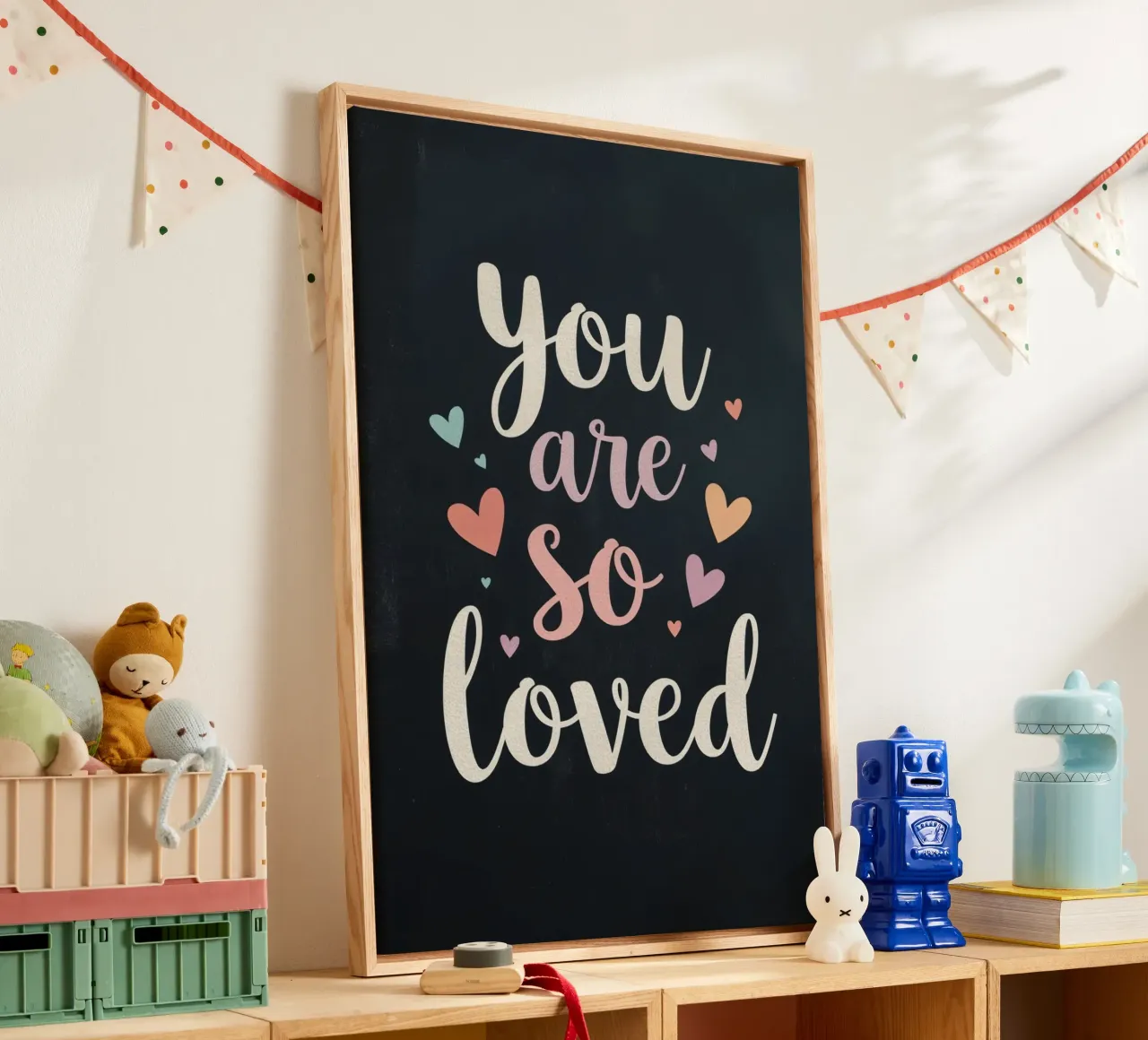 You Are So Loved Text with Hearts on Dark Background canvas with Floater frame by DesignDoodle