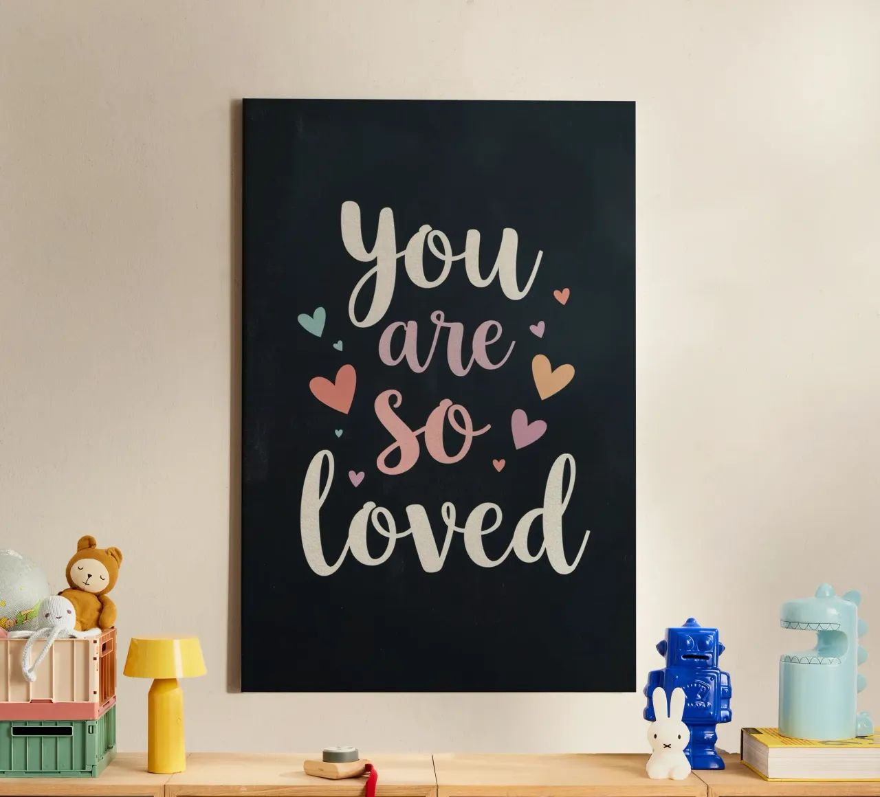 You Are So Loved Text with Hearts on Dark Background canvas with Floater frame by DesignDoodle