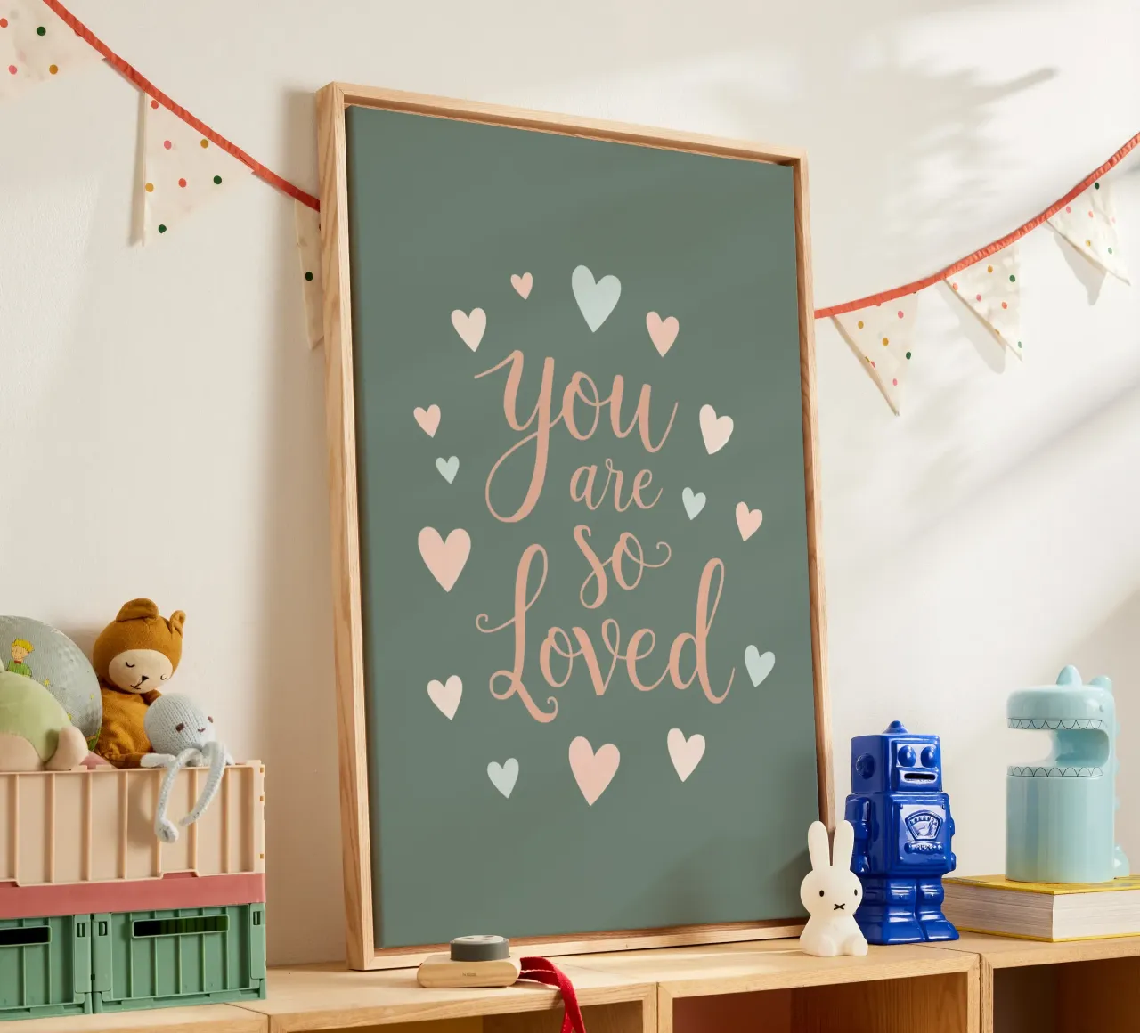You Are So Loved Text with Pink and Blue Hearts canvas with Floater frame by DesignDoodle