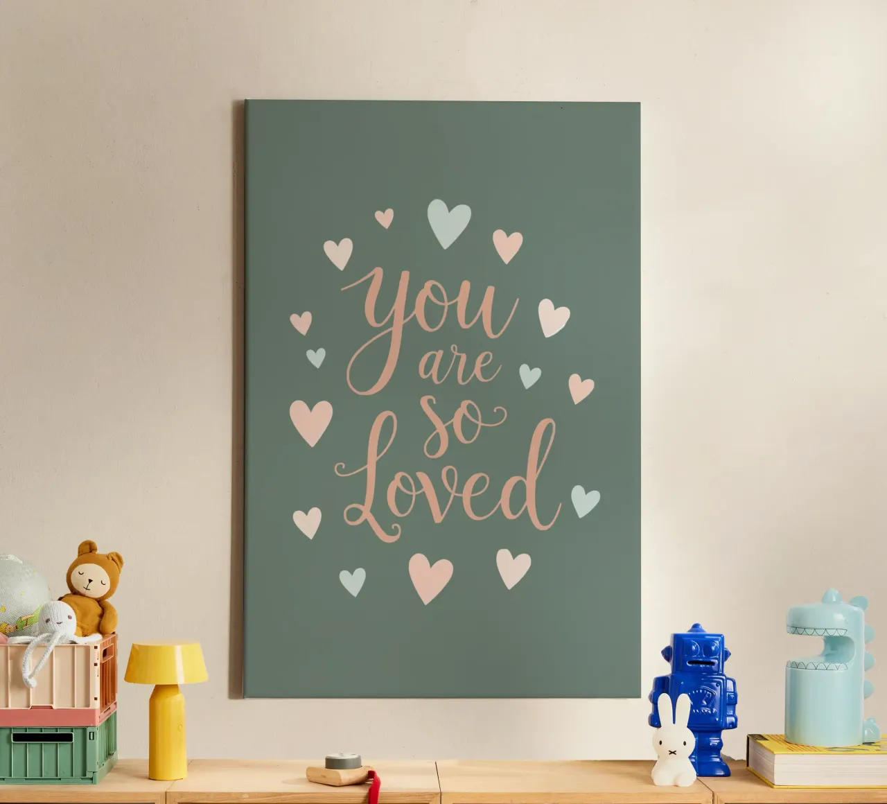 You Are So Loved Text with Pink and Blue Hearts canvas with Floater frame by DesignDoodle