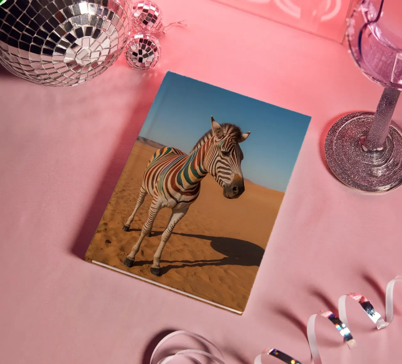 Zebra with Colored Stripes in Desert notebook by DesignDoodle