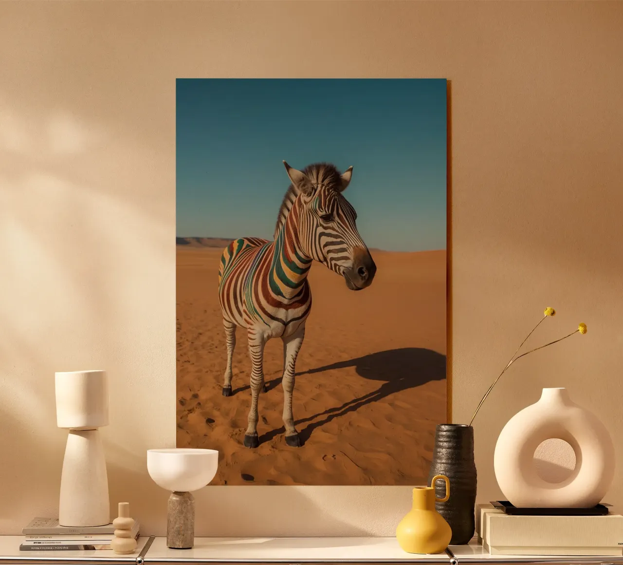 Zebra con strisce colorate nel deserto plexiglass da DesignDoodle