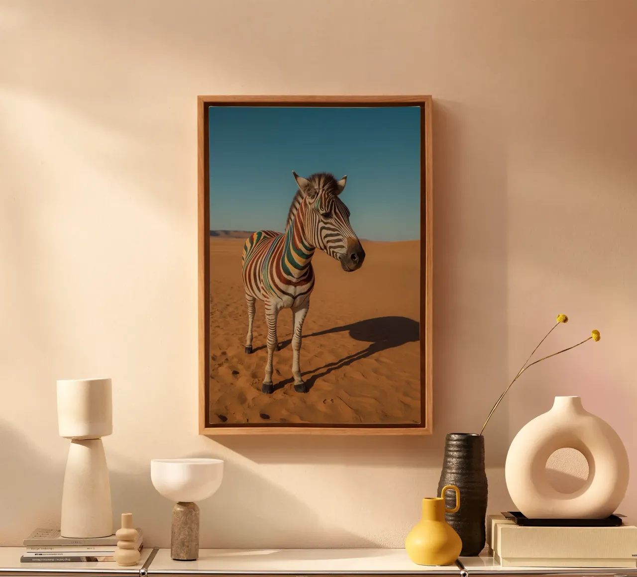 Zebra con strisce colorate nel deserto tela con Cornice a cassetta da DesignDoodle