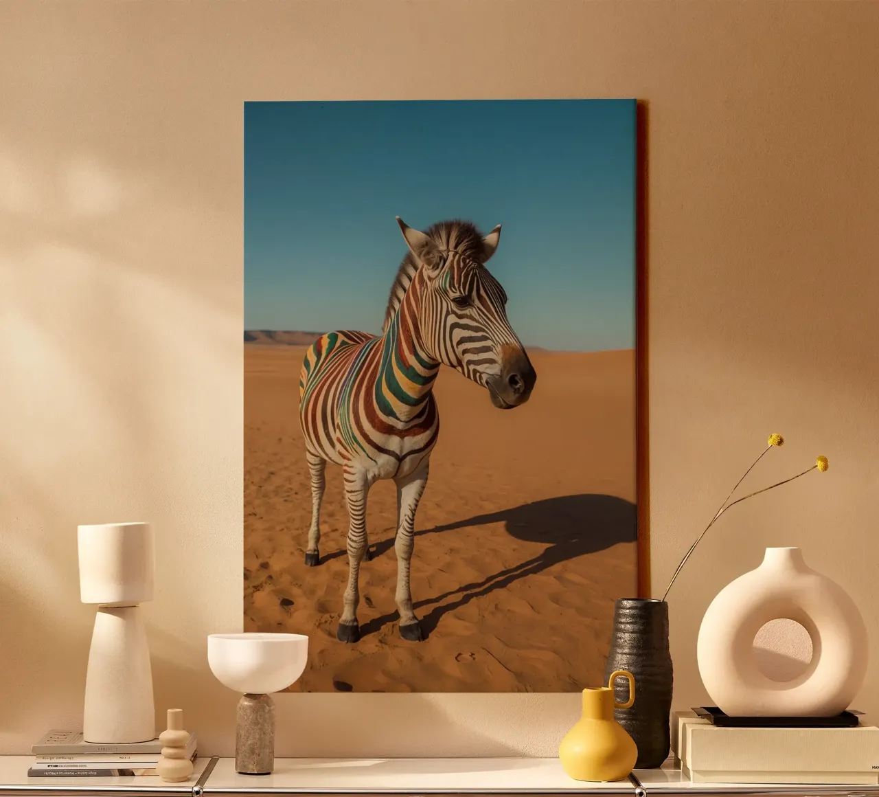 Zebra con strisce colorate nel deserto tela con Cornice a cassetta da DesignDoodle