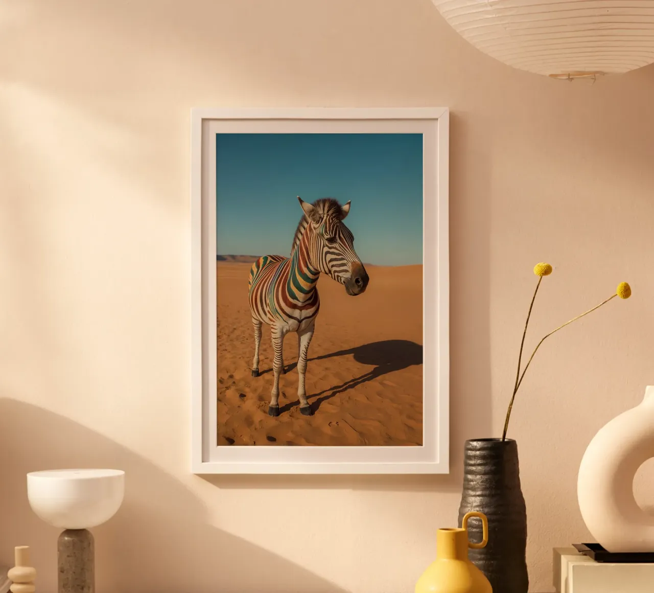 Zebra con strisce colorate nel deserto poster con telaio in alluminio da DesignDoodle