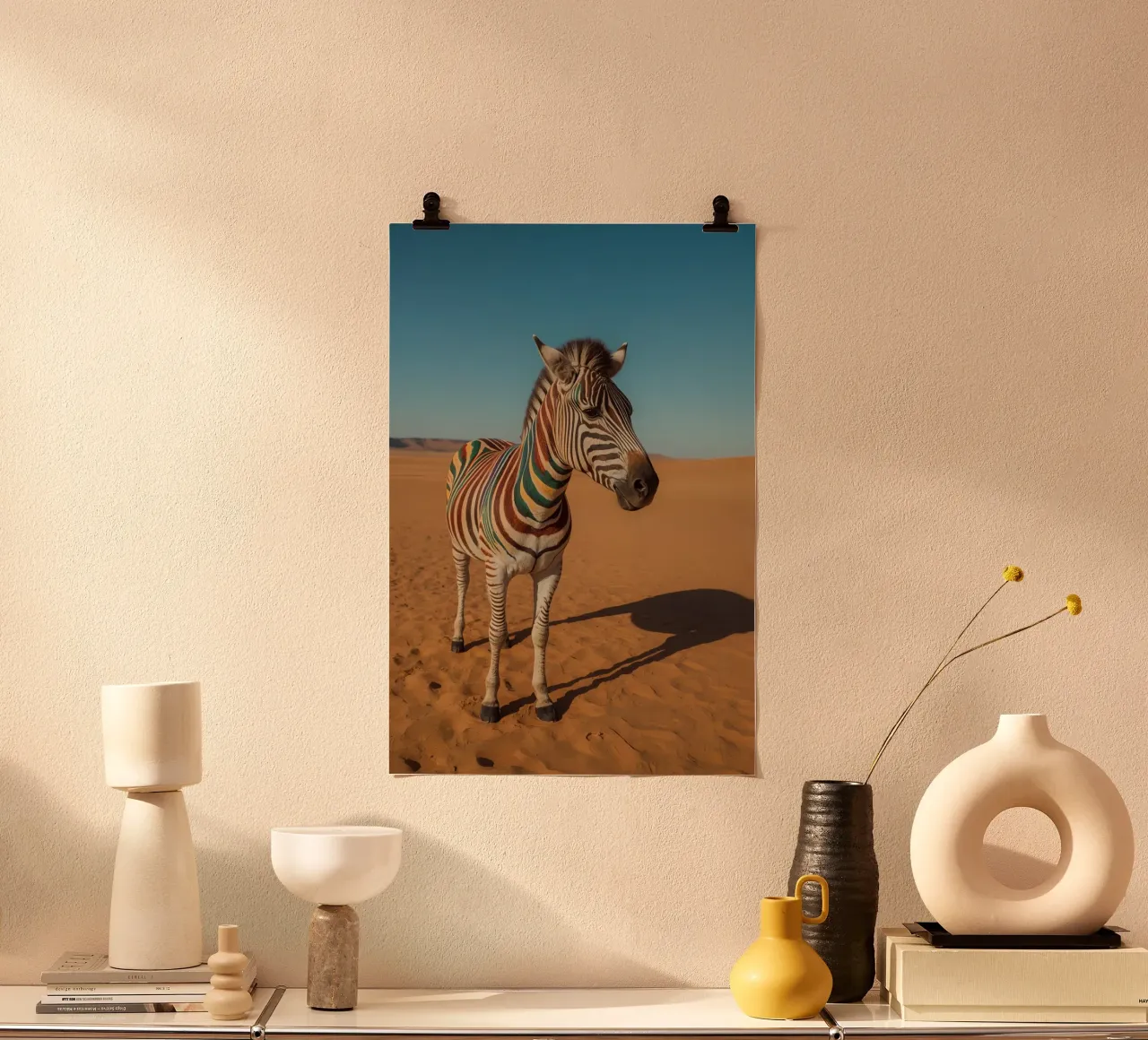 Zebra con strisce colorate nel deserto poster con telaio in alluminio da DesignDoodle