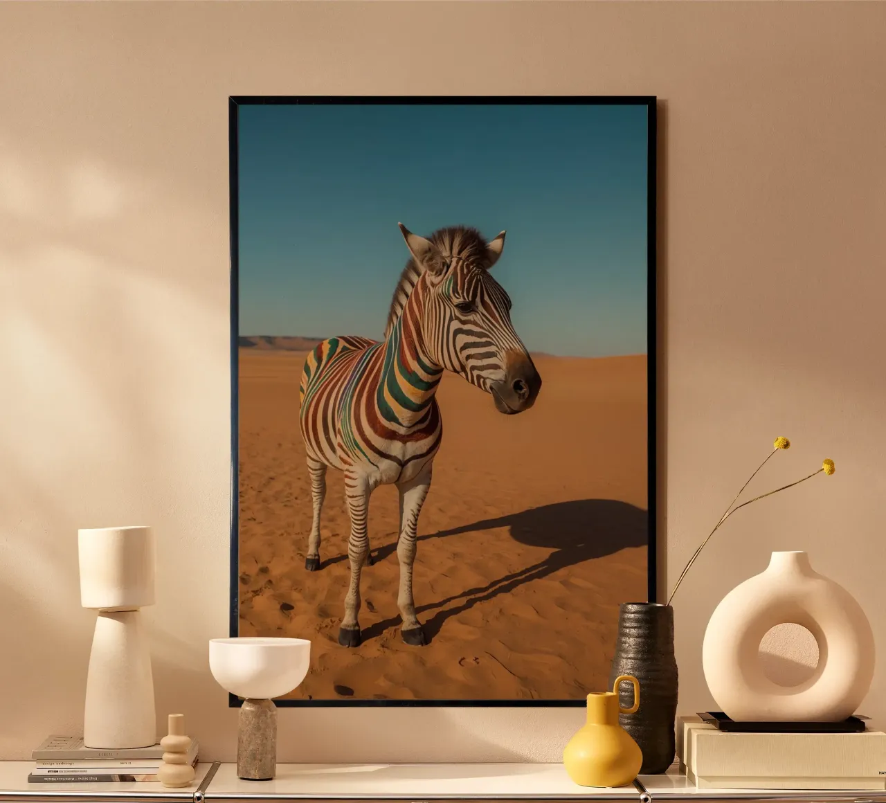Zebra con strisce colorate nel deserto poster con telaio in alluminio da DesignDoodle