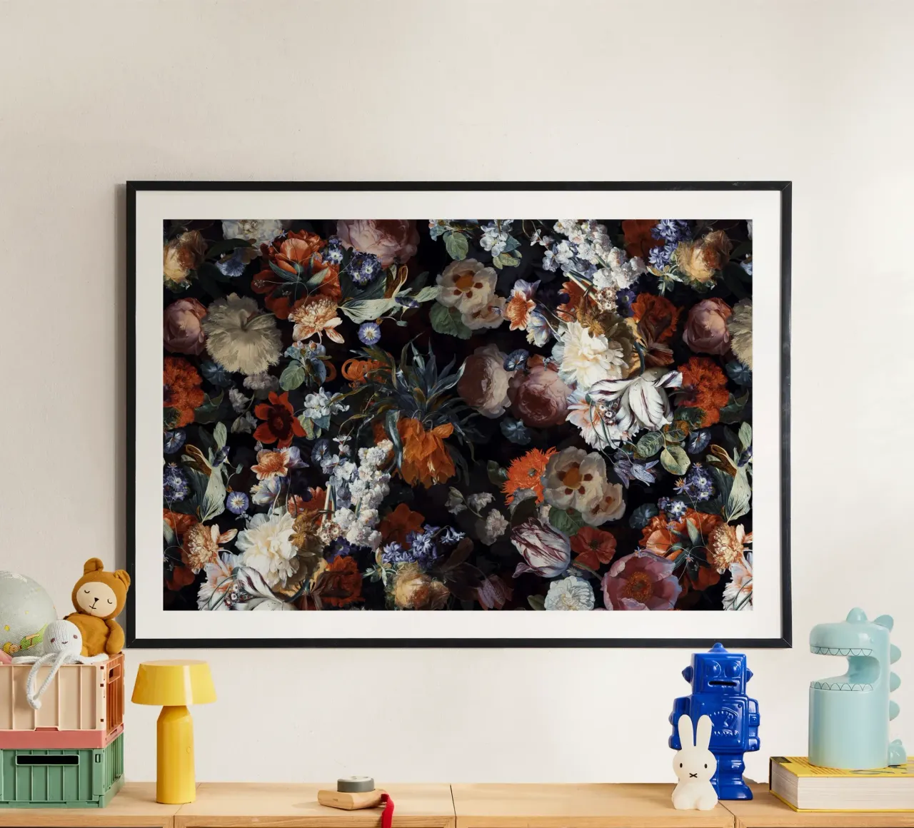 Giardino barocco di rose antiche e peonie di notte poster con telaio in alluminio da Vintage World - Uta Naumann