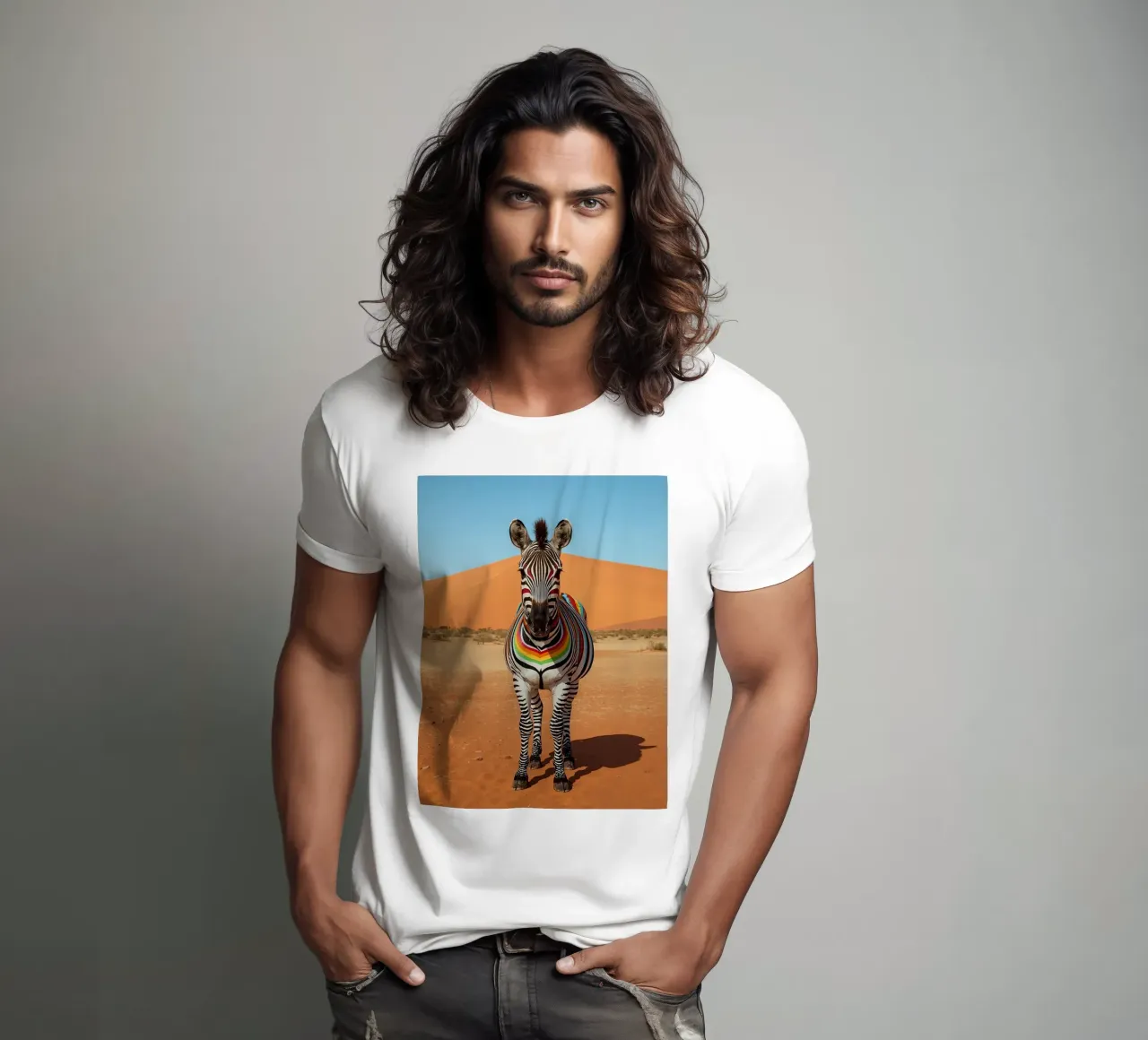 Zebra a strisce arcobaleno in un paesaggio desertico t-shirt da DesignDoodle