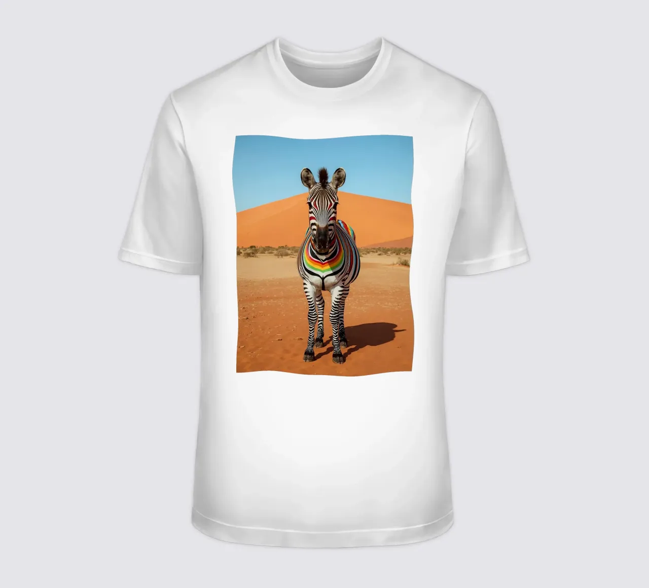 Zebra a strisce arcobaleno in un paesaggio desertico t-shirt da DesignDoodle